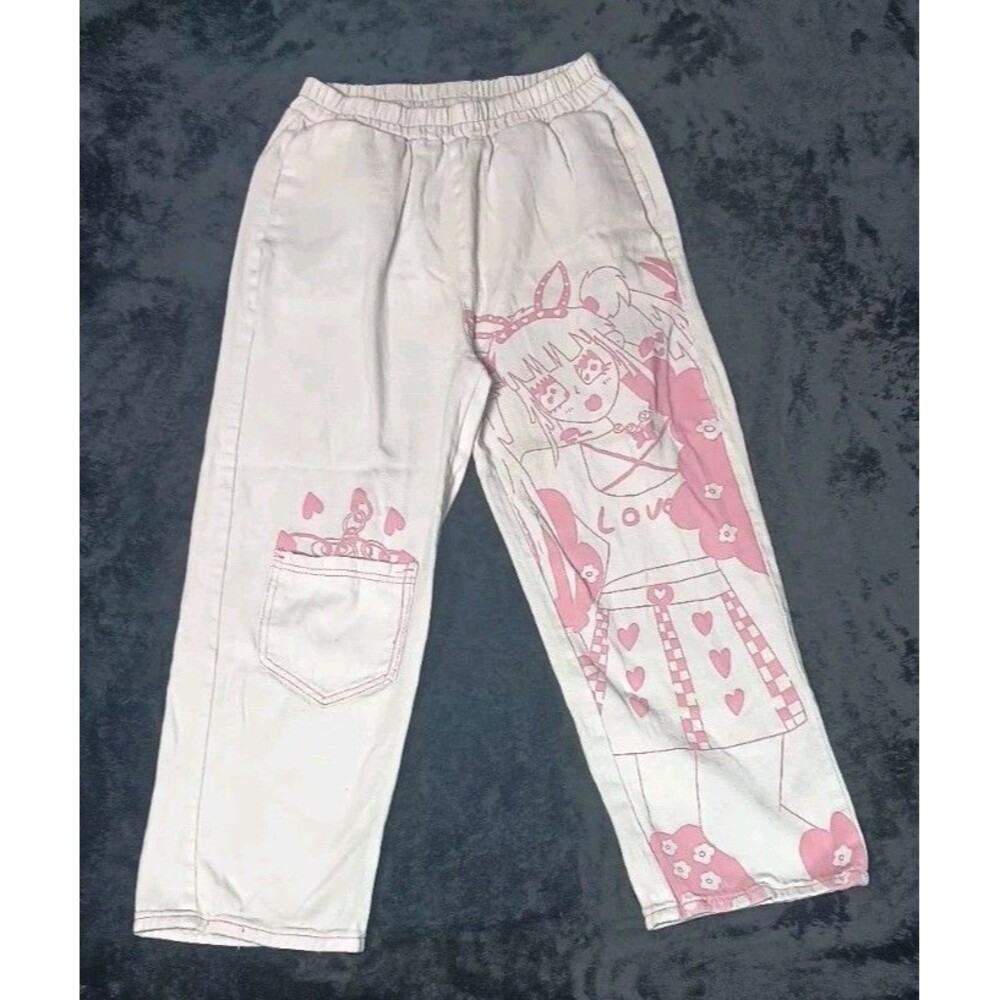 Y2K Anime Girl Graphic Pants Harajuku Kawaii Pink Cream Wide Leg Baggy M Manga